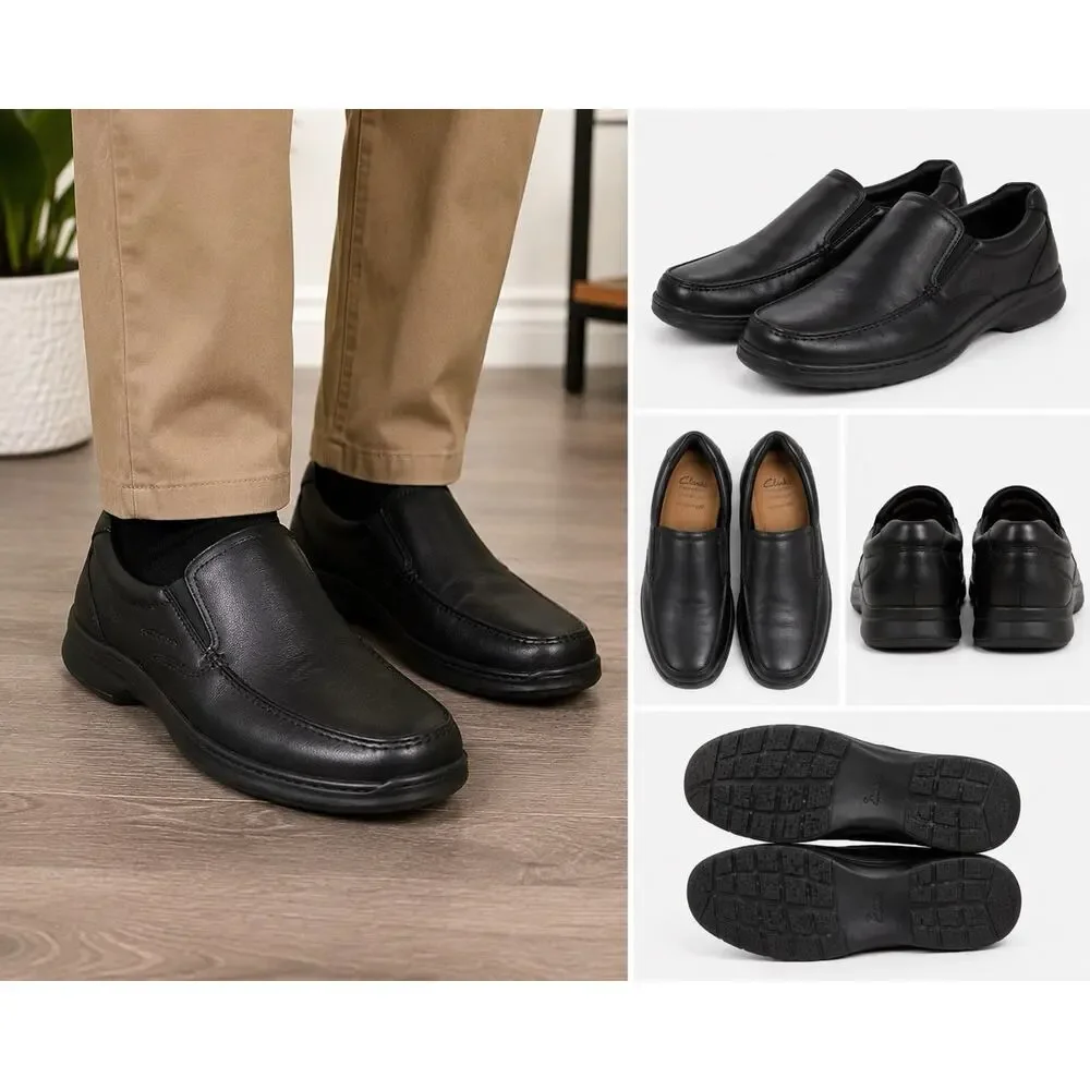 Clarks Collection Men’s Black Leather Slip On Loafers Comfort Shoes US 9 Wide